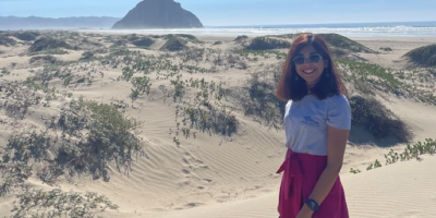 Humna stands in front of the Chumash Heritage National Marine Sanctuary
