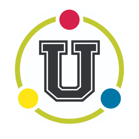 letter "u" with green circular border and three colored circles