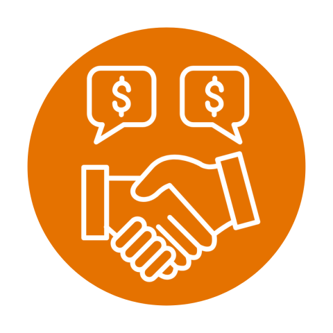 outline of a handshake with dollar signs in speech bubbles